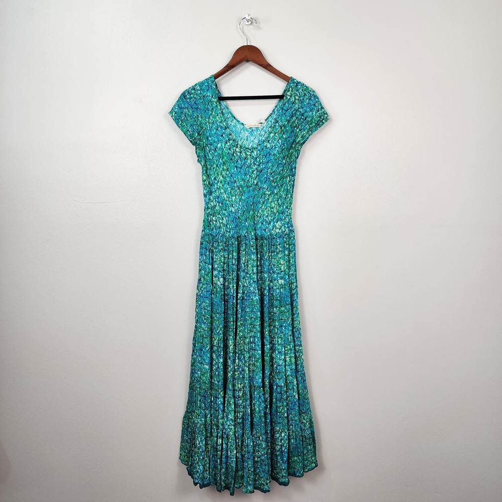 Soft Surroundings Marianna Dress Sz M Blue Green Maxi Batik Tiered Gypsy Boho
